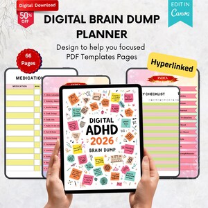 Op de afbeelding: Digitale ADHD 2026 Brain Dump Planner, een digitale download met 66 pagina's. De planner bevat sjablonen om je te helpen focussen. De afbeelding toont een tablet en verschillende telefoonschermen met plannerpagina's.