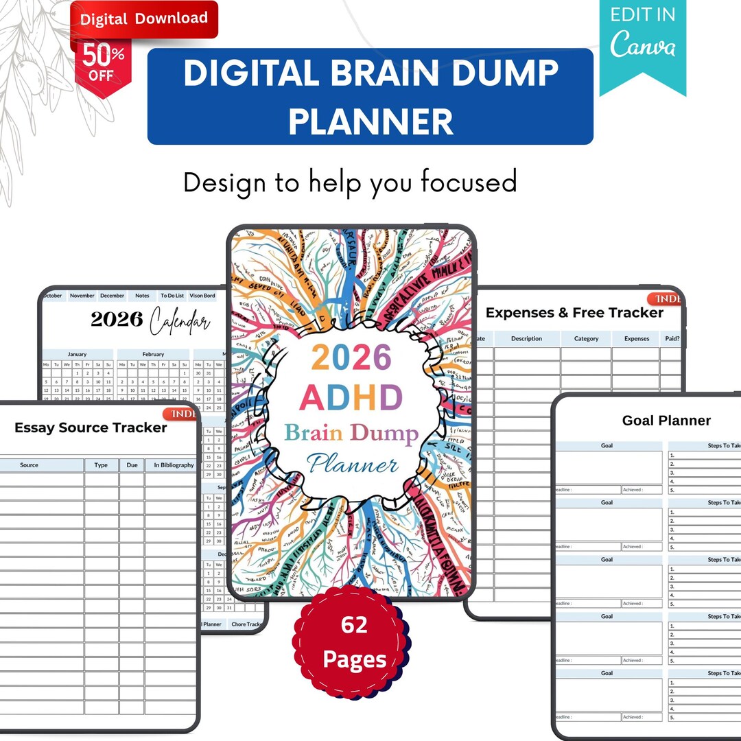 2026 Printable ADHD Brain Dump Digital Planner | Canva Editable ADHD ...