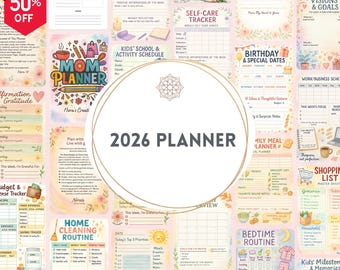 Planificador diario, semanal y mensual para mamás ocupadas 2026. Organizador familiar imprimible (descarga en PDF). Planificador de volcado de ideas para madres.