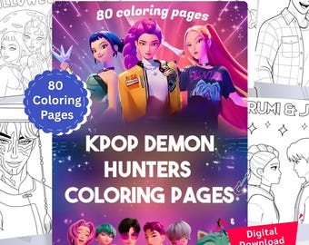 80 páginas para colorear de cazadores de demonios de Kpop / Libro para colorear de cumpleaños / Fans de Huntrix / Fan art de Kpop / Niños y niñas de Saja / Actividad de cumpleaños para niños