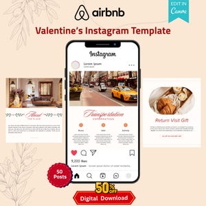 Op de afbeelding: Een digitale Instagram-sjabloon voor Valentijnsdag met het Airbnb-logo. De sjabloon bevat voorbeeldberichten met tekst en afbeeldingen, waaronder een transportsectie en een aanbieding voor een terugkeergeschenk. Een rode banner zegt "50% KORTING Digitale Download".