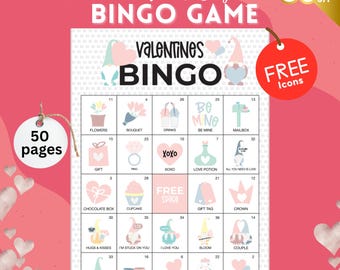 50 tarjetas de bingo imprimibles para San Valentín, actividades para el aula y juegos para niños.