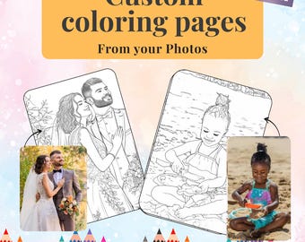 Dibujo de una línea, libro para colorear personalizado, regalo de aniversario de bodas personalizado de retrato de pareja personalizado a partir de fotos, descarga digital