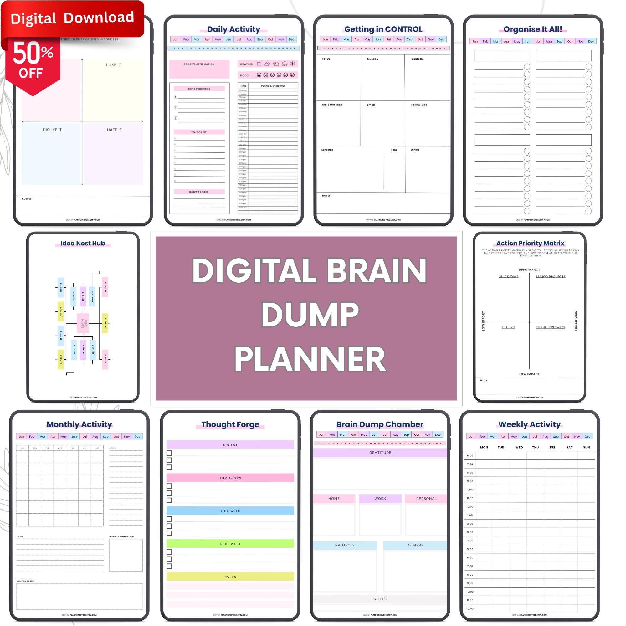 Brain Dump Digital Planner | Printable ADHD Daily Weekly Monthly ...