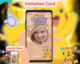 Plantilla de Canva de invitación de tarjeta de video animada de fiesta de cumpleaños de Pokémon personalizada / Diseño de invitación de feliz cumpleaños de Pikachu