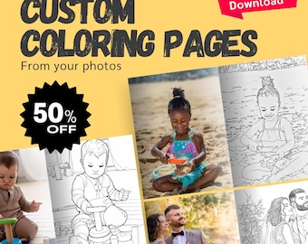 Libro para colorear personalizado a partir de fotos, páginas para colorear con arte lineal, imprimibles y personalizadas para bodas, cumpleaños y descarga digital.