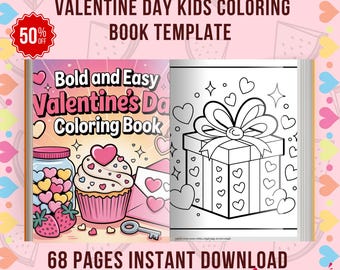 Könnte beinhalten: Eine Vorlage für ein Malbuch für Kinder zum Valentinstag mit dem Titel "Bold and Easy Valentine's Day Coloring Book". Das Buch zeigt Illustrationen eines Cupcakes, einer Geschenkbox und eines Glases mit Herzen. Das Cover hat eine 50% Rabatt-Aktion.