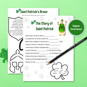 May include: A printable Saint Patrick's Day activity sheet with the text "Saint Patrick's Armor" and "The Story of Saint Patrick". The sheet includes a drawing of a leprechaun, shamrocks, and a shield. A pencil and a digital download sticker are also visible.