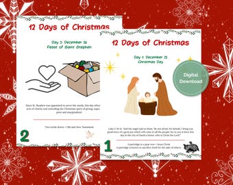 May include: Digital download featuring illustrations for the 12 Days of Christmas. Includes images of a nativity scene, a box of gifts, and text describing each day. Festive red background with snowflakes.