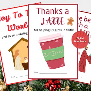 May include: Three Christmas-themed cards with red borders. One card says "Joy To The World" with a nativity scene. Another says "Thanks a LATTE" with a coffee cup graphic. The third says "We've been wishing".