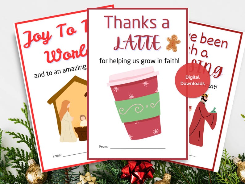 May include: Three Christmas-themed cards with red borders. One card says "Joy To The World" with a nativity scene. Another says "Thanks a LATTE" with a coffee cup graphic. The third says "We've been wishing".