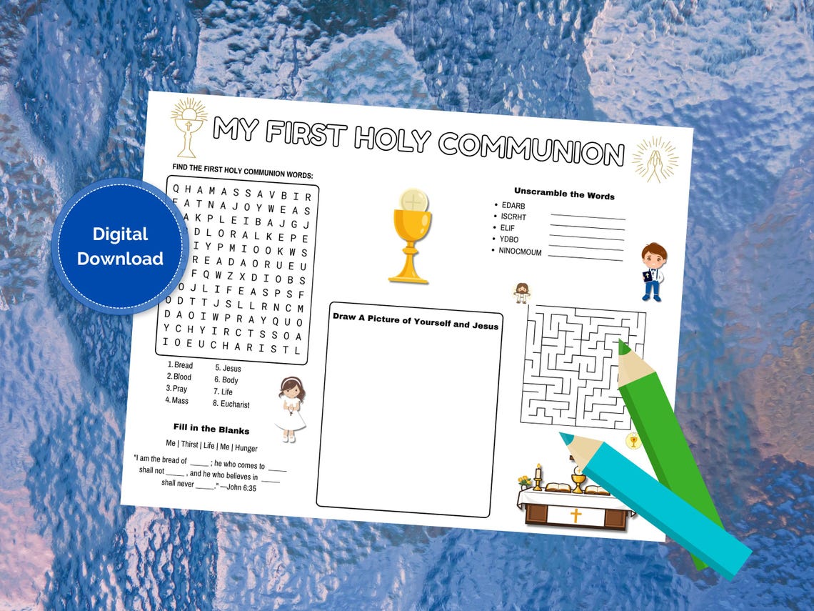 First Holy Communion Worksheet for Kids, Printable Catholic Sacrament ...