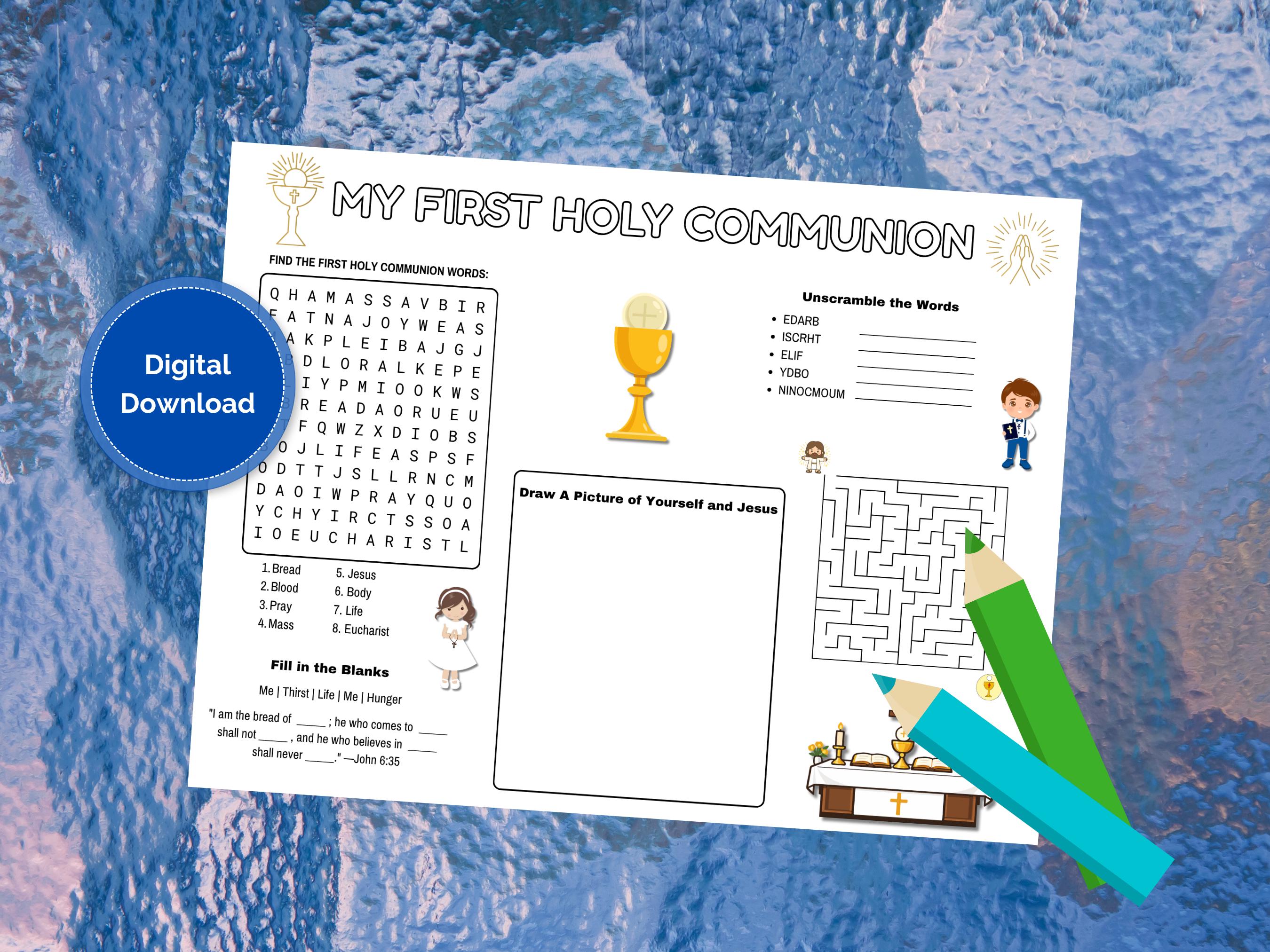 First Holy Communion Worksheet for Kids, Printable Catholic Sacrament ...