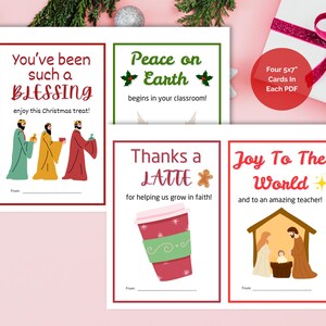 May include: A collection of four Christmas-themed cards with festive designs. One card reads "You've been such a BLESSING," another says "Peace on Earth," a third says "Thanks a LATTE," and the last says "Joy To The World."