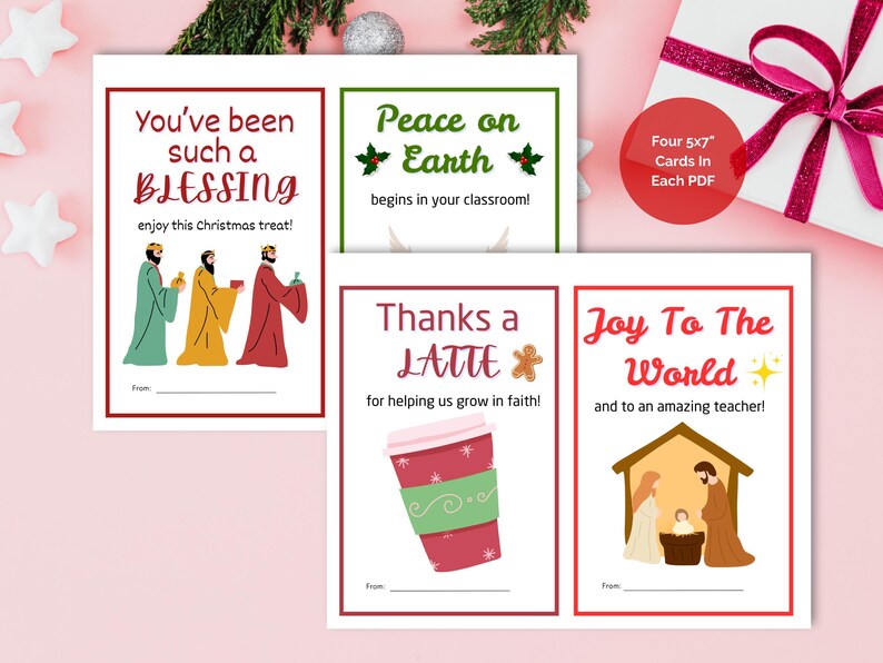 May include: A collection of four Christmas-themed cards with festive designs. One card reads "You've been such a BLESSING," another says "Peace on Earth," a third says "Thanks a LATTE," and the last says "Joy To The World."