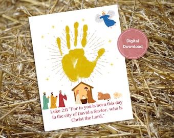 May include: A digital download print featuring a yellow handprint with radiating lines, an angel, and a nativity scene. The print includes the text "Luke 2:11" and the words "Digital Download" in a pink circle.