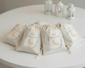 Set of 5Pcs Eid Mubarak Cotton Drawstring Gift Bag