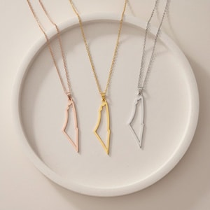 Könnte beinhalten: Drei Halsketten mit Anhängern in Form eines Umrisses eines Landes. Die Halsketten sind in Roségold, Gold und Silber gehalten, jede mit einer zarten Kette. Die Anhänger werden auf einem weißen, kreisförmigen Tablett präsentiert.