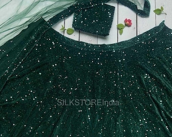 Bottle Green Sequin Velvet Lehenga Choli Set, Indian Wedding Outfit