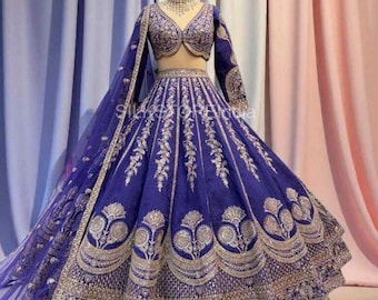 Conjunto de lehenga choli de seda slub bordado, con lentejuelas Dori, ideal para bodas y fiestas.