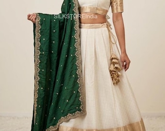 Kanchipuram Organza Jacquard Lehenga Set with Contrast Dupatta,Onam Collection Lehenga Choli