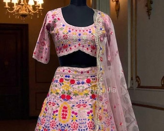 Embroidered Faux Georgette Lehenga Set, Heavy Sequins, Wedding Party Wear