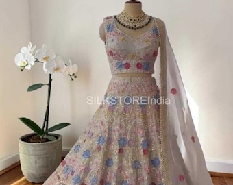 Designer Faux Georgette Lehenga Choli,Wedding Special Mirror Work Lehenga Set,Party Wear Lehenga For Women