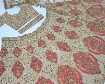 Lehenga nupcial de seda flameada, bordado Dori, Dupatta pesada