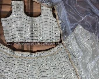 Conjunto de lehenga de seda organza, con lentejuelas gruesas, ideal para fiestas.