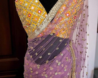 Saree de créateur en nylon avec filet papillon, séquence de Zari sur les fesses et la dentelle et chemisier de travail miroir en papier de soie Fantom