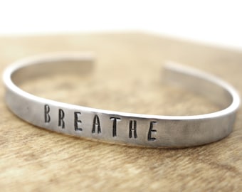 Mantra bracelet, Breathe bracelet hand stamped metal cuff - yoga jewelry, handmade jewelry, inspirational, aluminum bracelet, 2022