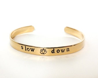 Social distancing cuff bracelet, Boho chic jewelry, Brass Bangle Bracelet, Yoga - zen quote Boho - slow down lotus flower, handmade jewelry