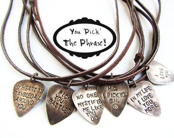Personalized Guitar Pick - Mens Necklace - custom hand stamped jewelry rustic brown, leather necklace- man gift, personalized dad gift