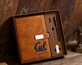 Personalized Graduation Gift Leather Notebook Pen Set | Custom College High School Logo Engraved Journal | Class of 2026 Graduation Gift