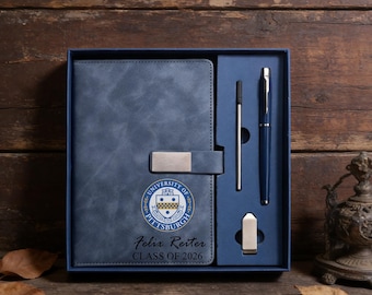 Custom College Logo Leather Notebook Pen Set, College Keepsake New Job Present Notebook Set, Personalized Class of 2026 Graduation Gift