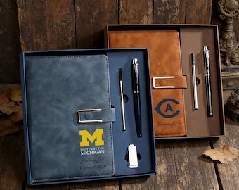 Engraved Graduation Gift Set, Personalized Leather Notebook with Pen & USB, Custom Journal for Students, College Graduation Gift