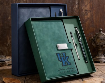 Custom School Logo Leather Notebook Pen Set | Personalized Class of 2026 Graduation Gift | College Keepsake New Job Present Notebook Set