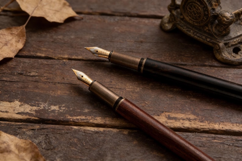May include: Two fountain pens with gold nibs and dark wooden barrels rest on a weathered wooden surface. One pen is a deep brown, the other is black. Dried leaves and a decorative metal piece are in the background.