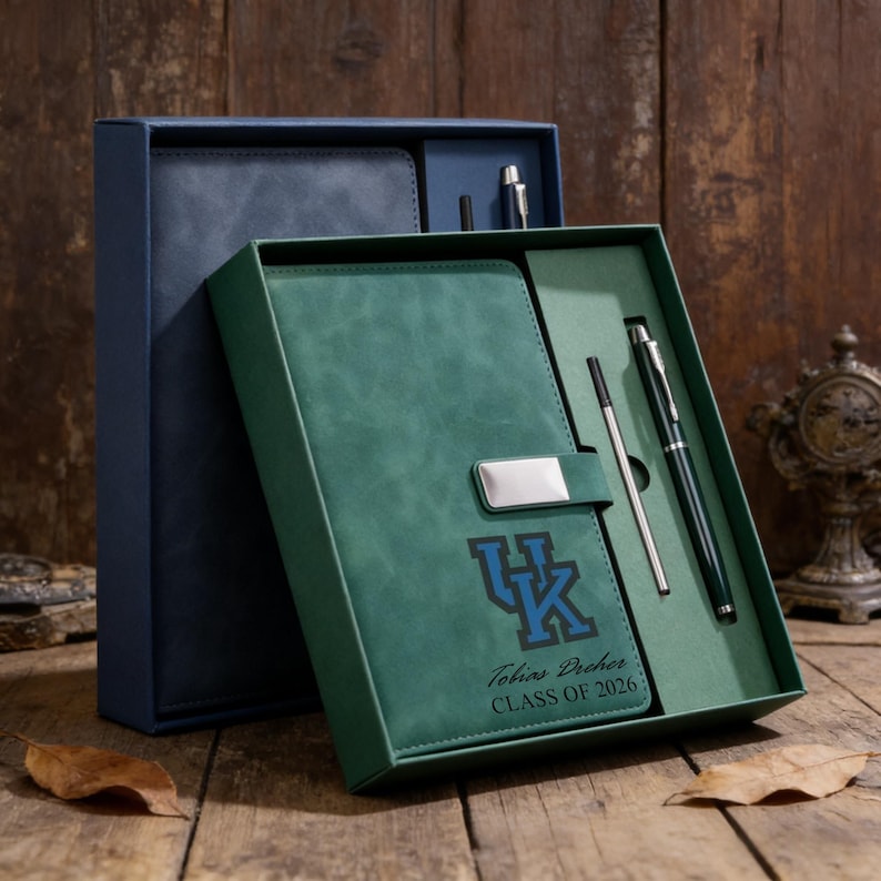 A blue and a green notebook and pen set