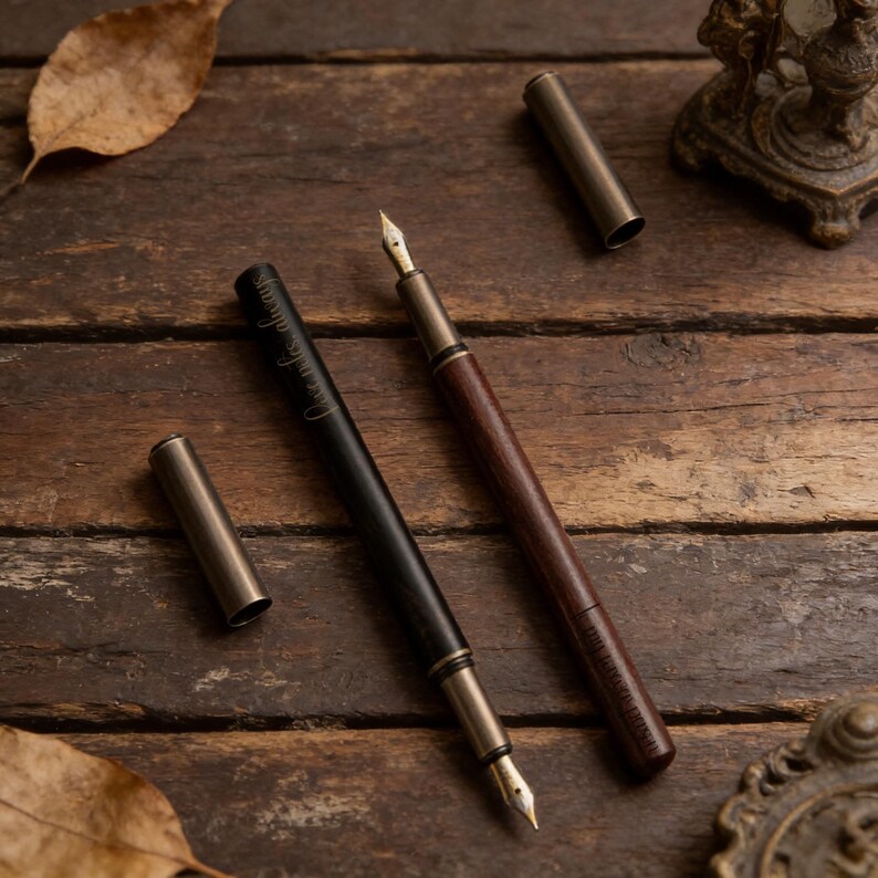 May include: Two fountain pens with metal accents and caps rest on a wooden surface. One pen is black with the inscription "Dreams always", and the other is brown. Both pens have gold-colored nibs and are displayed with their caps removed.