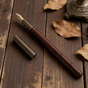 May include: A wooden fountain pen with a gold nib and a metal cap, lying on a dark wooden surface. The pen is dark brown with a lighter brown accent. The cap is detached and placed next to the pen. Dried leaves and decorative objects are in the background.