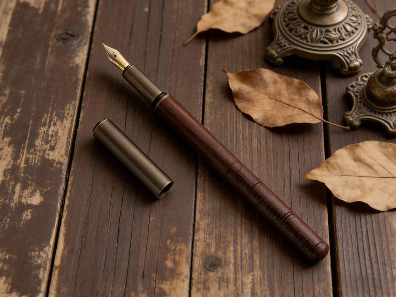 May include: A wooden fountain pen with a gold nib and a metal cap, lying on a dark wooden surface. The pen is dark brown with a lighter brown accent. The cap is detached and placed next to the pen. Dried leaves and decorative objects are in the background.