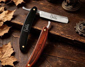 Personalized Engraved Straight Razor, Custom Name Wooden Handle Shaving Blade, Vintage Wet Shaving Tool, Unique Grooming Gift for Men