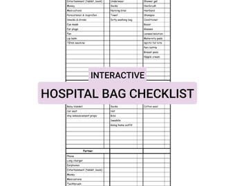 Interactive Hospital Bag Checklist PDF | B&W or Colour | Mum, Baby, Birth Partner | Printable + Digital
