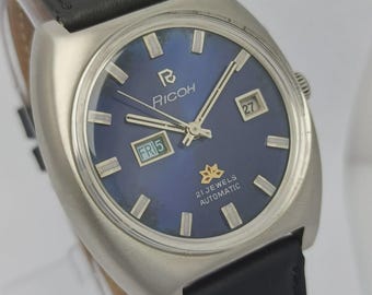 Reloj Ricoh automático vintage para hombre, esfera azul, 21 joyas, día/fecha