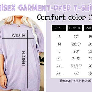 May include: A light purple unisex garment-dyed t-shirt. The image shows the shirt's length and width measurements in inches for sizes S to 3XL. The text on the image reads "UNISEX GARMENT-DYED T-SHIRT" and "Comfort color 1717".