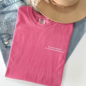 May include: A pink crew neck t-shirt with the text "hey quick question are you fucking kidding me" in white. The shirt is laid on top of blue jeans, with a gold necklace and a tan hat in the background.