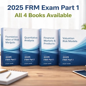 May include: Four study guide books for the 2025 FRM Exam Part 1 are displayed on a wooden desk. The books have white covers with blue wave designs and titles like "Foundation of Risk Markeüs" and "Quantitative Analysis". A coffee cup, glasses, and a smartphone are also on the desk.