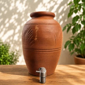 May include: A terracotta water dispenser featuring a rounded body with a wide neck and a thick rim. The exterior surface displays carved leaf-like patterns and horizontal grooves. A silver-colored metal spigot is attached to the lower front section.