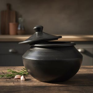 Puede incluir: Una olla de cerámica negra con tapa ligeramente entreabierta, sobre una superficie de madera. La olla tiene base redondeada y tapa con pequeño pomo. Ramitas de romero y dientes de ajo junto a la olla. El fondo muestra una cocina.